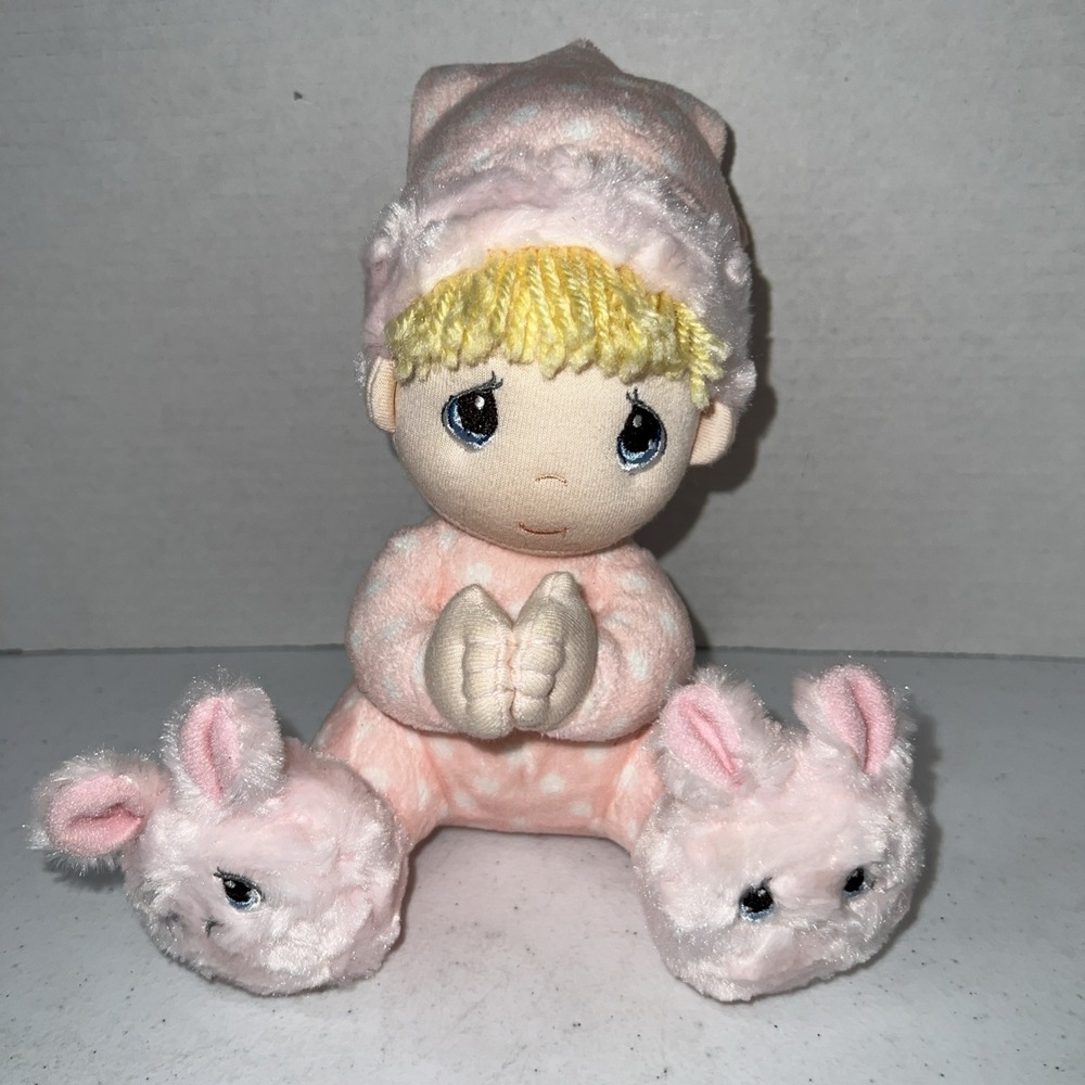 Precious Moments 9" Prayer Girl Plush Doll w/‎ Sound Pink Bunny Slippers